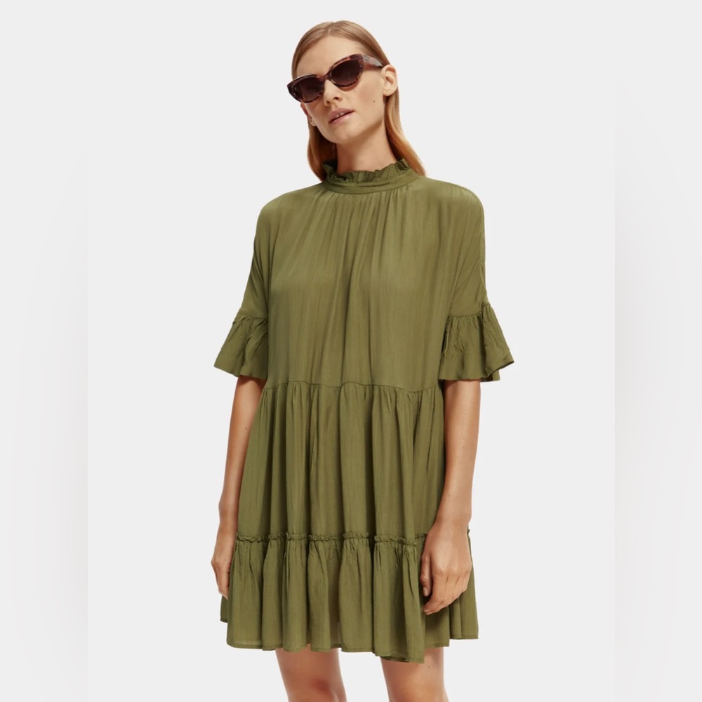 Scotch & Soda Army Green Ruffle-Sleeve Tiered Mini Dress